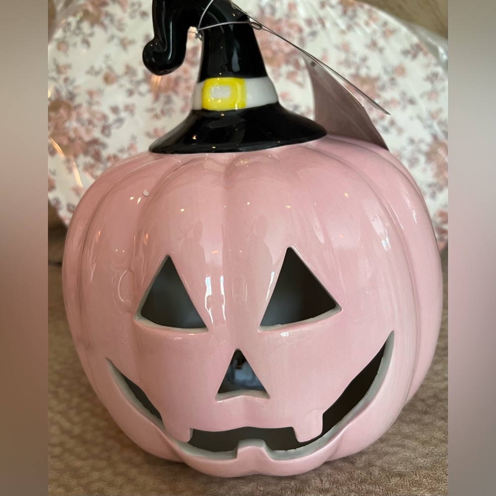 Halloween PINK Pumpkin Jack O' Lantern Witch LED Ceramic Light 9.25" NWT Spooky